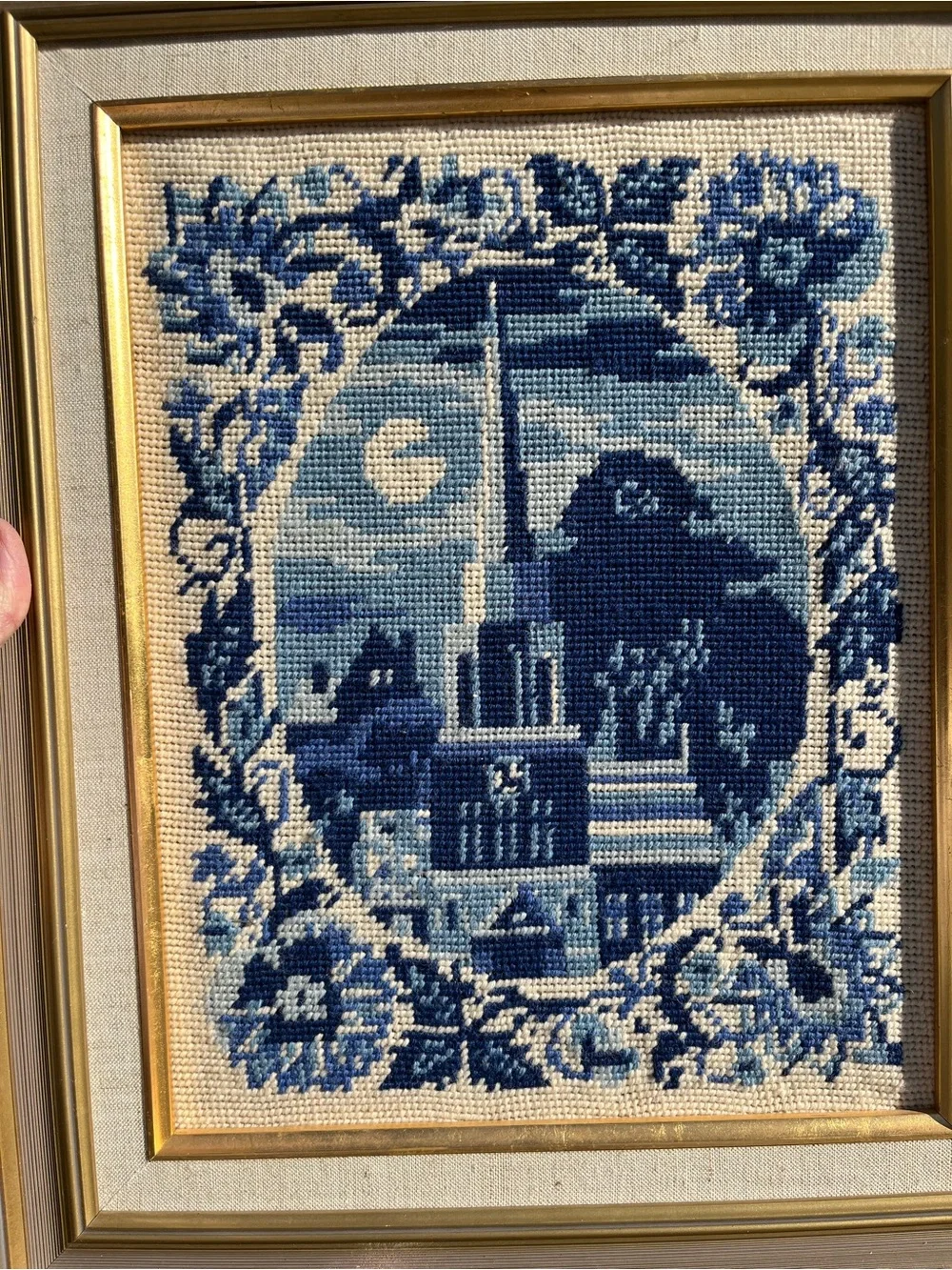 Vintage Gold Framed Blue and White Needlepoint Village Scene